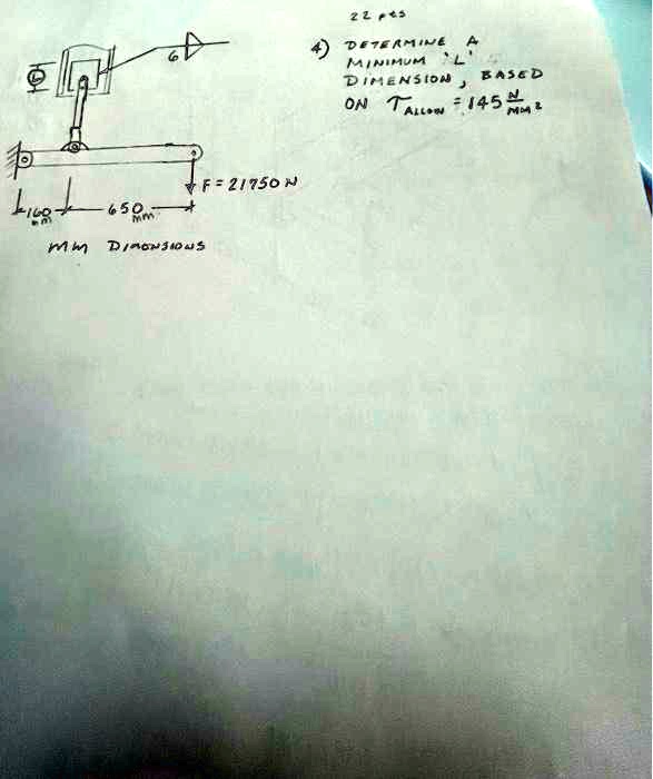 22 pes
4) DETERMINE A
MINIMUM 'L'
DIMENSION, BASED
ON τallow = 145 (N)/(mm^2)