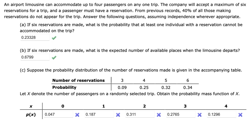 An airport limousine can accommodate up to four passengers on any one trip. The company will accept a maximum of six reservations for a trip, and a passenger must have a reservation. From previous records, 40% of all those making reservations do not appear for the trip. Answer the following questions, assuming independence wherever appropriate.
(a) If six reservations are made, what is the probability that at least one individual with a reservation cannot be accommodated on the trip?
0.23328
(b) If six reservations are made, what is the expected number of available places when the limousine departs?
0.6799
(c) Suppose the probability distribution of the number of reservations made is given in the accompanying table.
Number of reservations
Probability
3
0.09
4
0.25
5
0.32
6
0.34
Let X denote the number of passengers on a randomly selected trip. Obtain the probability mass function of X.
X
0
1
2
3
4
p(x) 0.047
0.187
0.311
0.2765
0.1296