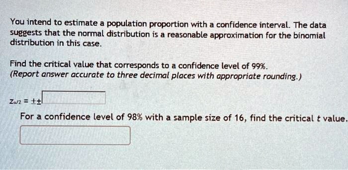 You intend to estimate a population proportion with a confidence interval. The data suggests that the normal distribution is a reasonable approximation for the binomial distribution in this case. Find the critical value that corresponds to a confidence level of 99%. (Report answer accurate to three decimal places with appropriate rounding.) z{?????/2} = ± For a confidence level of 98% with a sample size of 16, find the critical t value.
