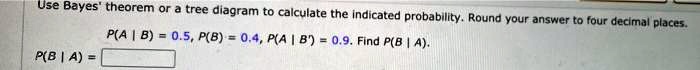 Use Bayes' theorem or a tree diagram to calculate the indicated probability. Round your answer to four decimal places. P(A | B) = 0.5, P(B) = 0.4, P(A | B') = 0.9. Find P(B | A). P(B | A) =