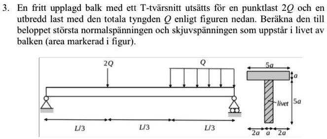 3. En fritt upplagd balk med ett T-tvärsnitt utsätts för en punktlast 2Q och en utbredd last med den totala tyngden Q enligt figuren nedan. Beräkna den till beloppet största normalspänningen och skjuvspänningen som uppstår i livet av balken (area markerad i figur).