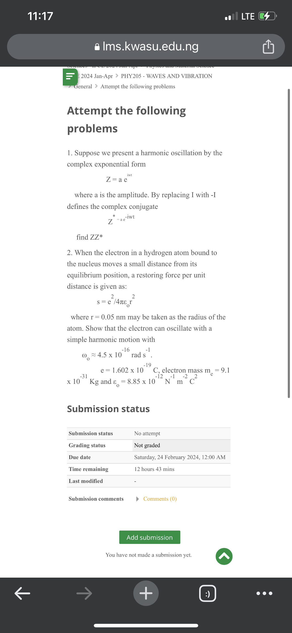 SOLVED: 11: 17 a Ims.kwasu.edu.ng 2024 Jan-Apr > PHY205 - WAVES AND ...