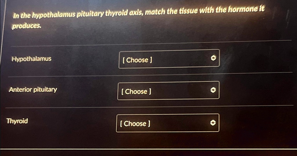 In the hypothalamus pituitary thyroid axis, match the tissue with the hormone it produces.
Hypothalamus
[Choose]
Anterior pituitary
[Choose]
Thyroid
[Choose]