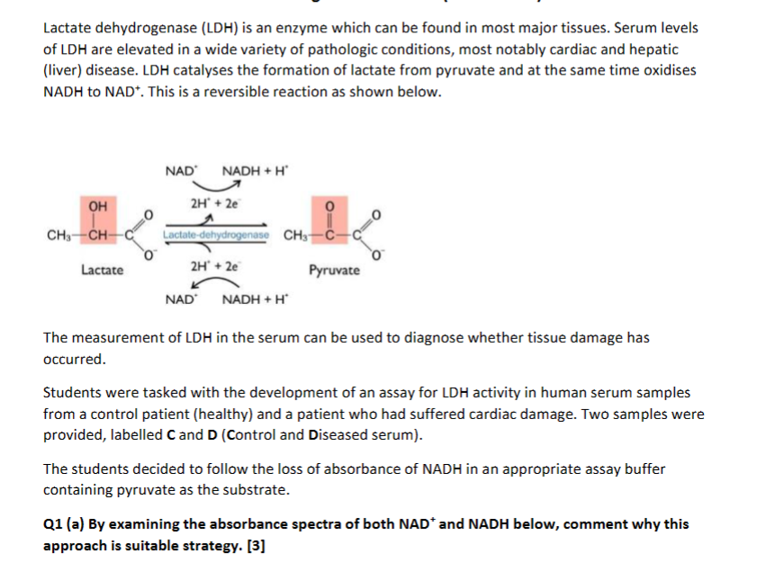 Lactate dehydrogenase (LDH) is an enzyme which can be found in most major tissues. Serum levels of LDH are elevated in a wide variety of pathologic conditions, most notably cardiac and hepatic (liver) disease. LDH catalyses the formation of lactate from pyruvate and at the same time oxidises NADH to NAD^+. This is a reversible reaction as shown below.
The measurement of LDH in the serum can be used to diagnose whether tissue damage has occurred.
Students were tasked with the development of an assay for LDH activity in human serum samples from a control patient (healthy) and a patient who had suffered cardiac damage. Two samples were provided, labelled 𝐂 and 𝐃 (Control and Diseased serum).
The students decided to follow the loss of absorbance of NADH in an appropriate assay buffer containing pyruvate as the substrate.
Q1 (a) By examining the absorbance spectra of both NAD^+and NADH below, comment why this approach is suitable strategy. [3]