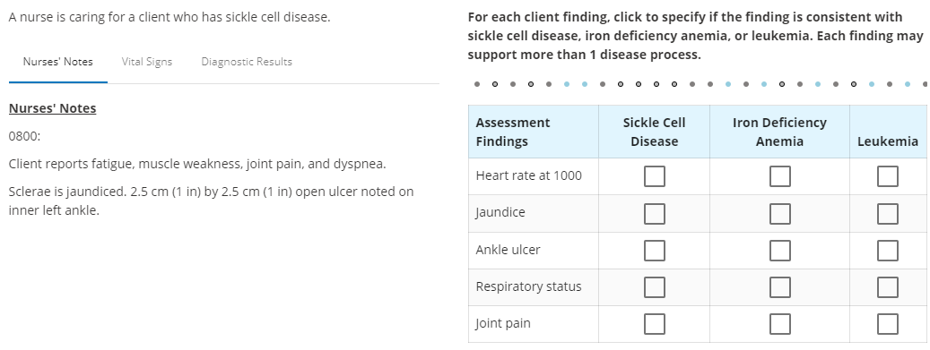 A nurse is caring for a client who has sickle cell disease.

Nurses' Notes Vital Signs Diagnostic Results

Nurses' Notes
0800:
Client reports fatigue, muscle weakness, joint pain, and dyspnea.
Sclerae is jaundiced. 2.5 cm (1 in) by 2.5 cm (1 in) open ulcer noted on inner left ankle.

For each client finding, click to specify if the finding is consistent with sickle cell disease, iron deficiency anemia, or leukemia. Each finding may support more than 1 disease process.

Assessment Findings | Sickle Cell Disease | Iron Deficiency Anemia | Leukemia
— | — | — | —
Heart rate at 1000 | [ ] | [ ] | [ ]
Jaundice | [ ] | [ ] | [ ]
Ankle ulcer | [ ] | [ ] | [ ]
Respiratory status | [ ] | [ ] | [ ]
Joint pain | [ ] | [ ] | [ ]