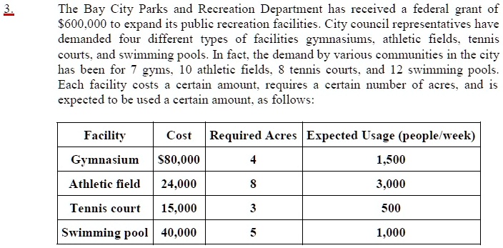 SOLVED: The Bay City Parks And Recreation Department Has Received ...