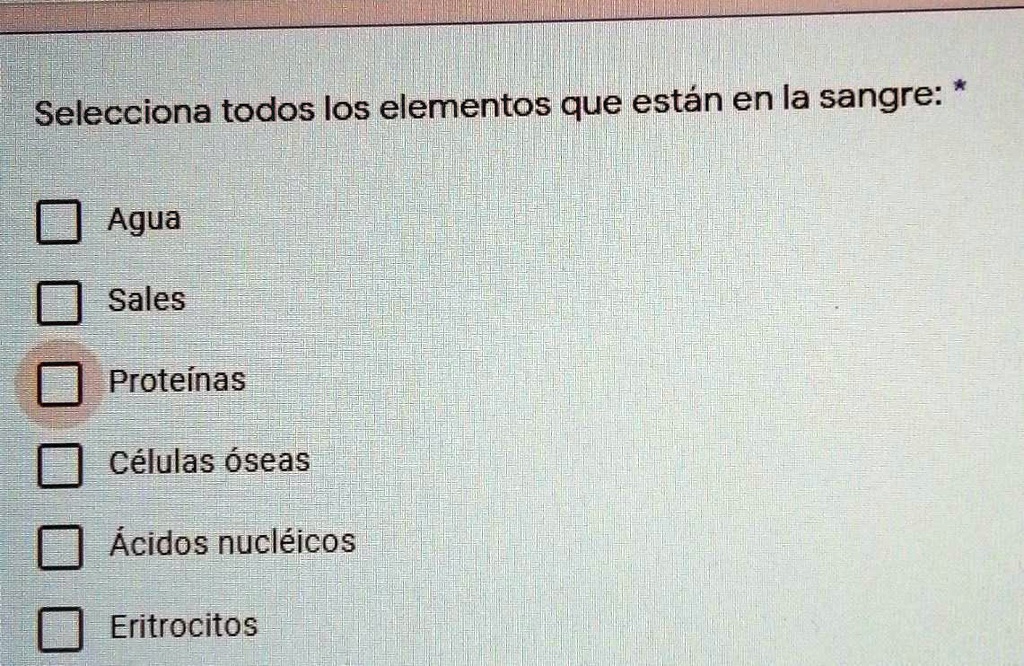 SOLVED: Elementos que están en la sangre? Selecciona todos los