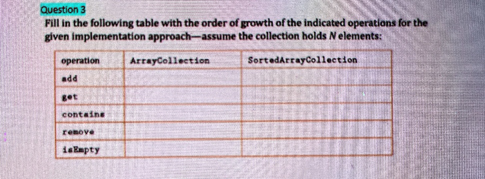 Question 3
Fill in the following table with the order of growth of the indicated operations for the
given implementation approach—assume the collection holds N elements:
operation
add
get
contains
remove
isEmpty
ArrayCollection
SortedArrayCollection