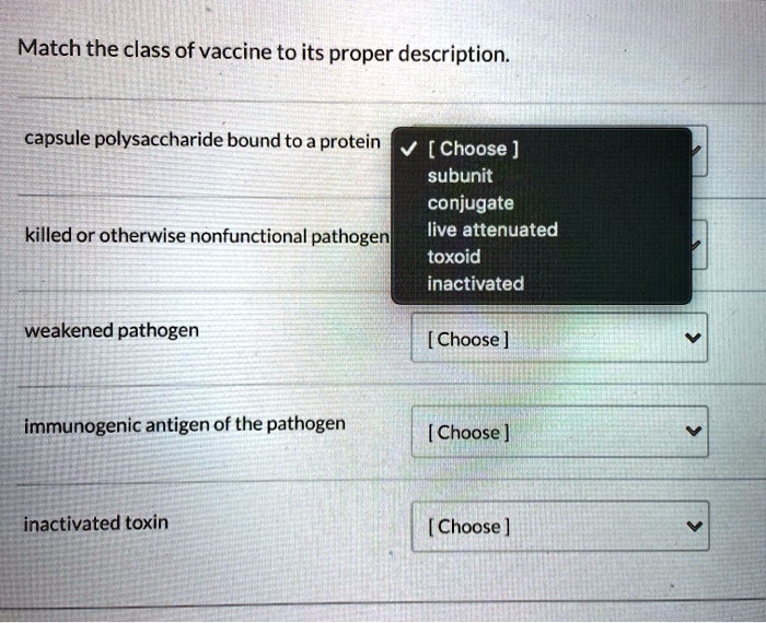 Match the class of vaccine to its proper description.
capsule polysaccharide bound to a protein
[ Choose ]
subunit
conjugate
live attenuated
toxoid
inactivated
killed or otherwise nonfunctional pathogen
weakened pathogen
immunogenic antigen of the pathogen
inactivated toxin