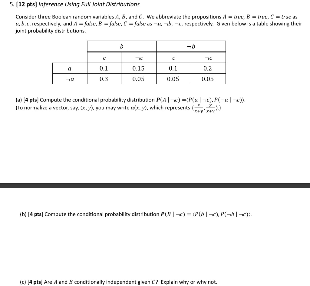 5. [12 pts] Inference Using Full Joint Distributions

Consider three Boolean random variables A, B, and C. We abbreviate the propositions A = true, B = true, C = true as a, b, c, respectively, and A = false, B = false, C = false as ¬a, ¬b, ¬c, respectively. Given below is a table showing their joint probability distributions.

| | b | | ¬b | |
| :— | :— | :— | :— | :— |
| | c | ¬c | c | ¬c |
| a | 0.1 | 0.15 | 0.1 | 0.2 |
| ¬a | 0.3 | 0.05 | 0.05 | 0.05 |

(a) [4 pts] Compute the conditional probability distribution P(A | ¬c) = ?P(a | ¬c), P(¬a | ¬c)?. (To normalize a vector, say, ?x, y?, you may write ??x, y?, which represents ?x/(x+y), y/(x+y)?.)

(b) [4 pts] Compute the conditional probability distribution P(B | ¬c) = ?P(b | ¬c), P(¬b | ¬c)?.

(c) [4 pts] Are A and B conditionally independent given C? Explain why or why not.