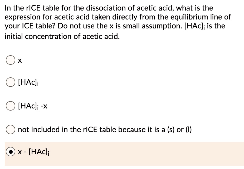 SOLVED In the ICE table for the dissociation of acetic acid, what is