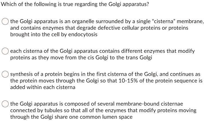 Which of the following is true regarding the Golgi apparatus?

the Golgi apparatus is an organelle surrounded by a single "cisterna" membrane, and contains enzymes that degrade defective cellular proteins or proteins brought into the cell by endocytosis

each cisterna of the Golgi apparatus contains different enzymes that modify proteins as they move from the cis Golgi to the trans Golgi

synthesis of a protein begins in the first cisterna of the Golgi, and continues as the protein moves through the Golgi so that 10-15% of the protein sequence is added within each cisterna

the Golgi apparatus is composed of several membrane-bound cisternae connected by tubules so that all of the enzymes that modify proteins moving through the Golgi share one common lumen space