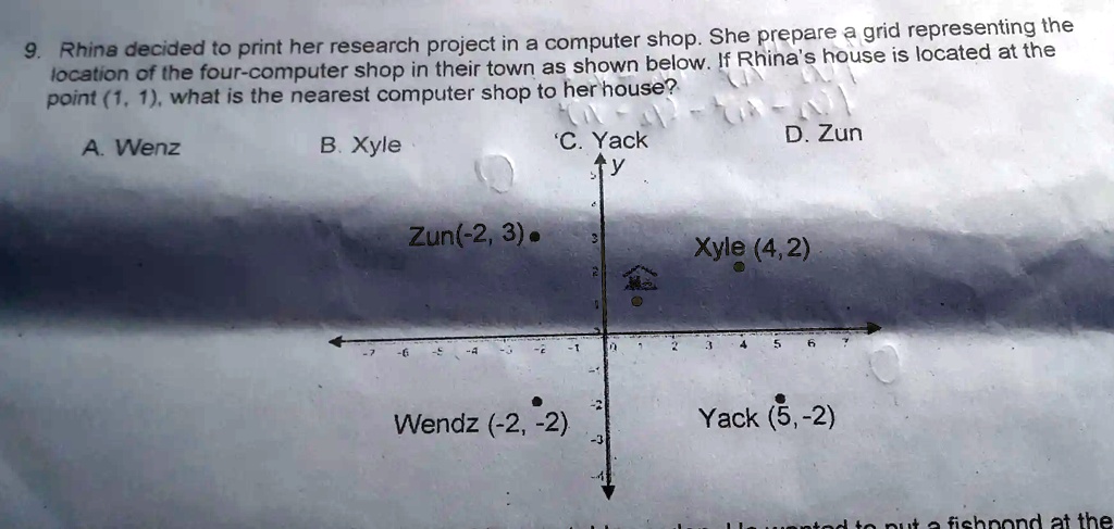 9. Rhina decided to print her research project in a computer shop. She prepare a grid representing the location of the four-computer shop in their town as shown below. If Rhina's house is located at the point (1, 1), what is the nearest computer shop to her house?
A. Wenz
B. Xyle
C. Yack
D. Zun
Zun(-2, 3)
Xyle (4, 2)
Wendz (-2, -2)
Yack (5, -2)