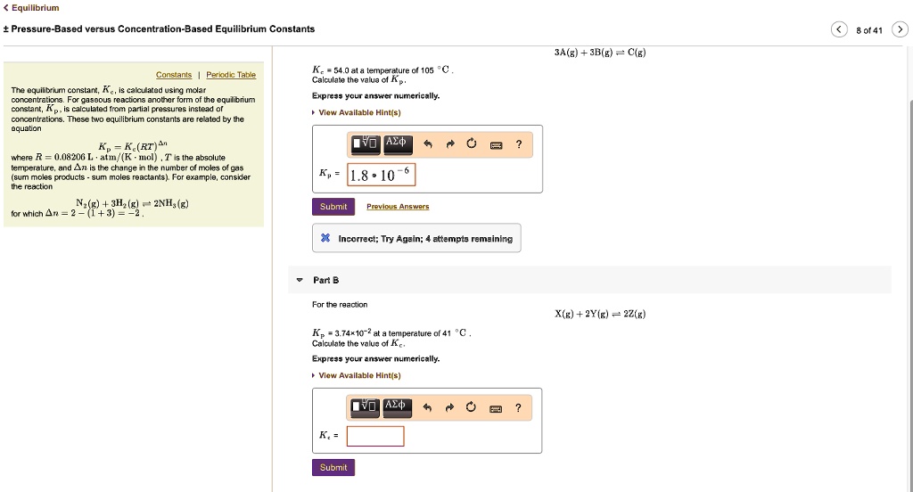 Solved Equllibrium Pressure Basbg Tbsus Concentration Based Equilibrium Constants 8 01 41 3a G Jb G Clg Empe Calculata The Valua Consiangs Petdc Iab A Tce Quilbiun Comen Calclild U2ing Msai Concenbatinna Fcr Casoous Cacbona Jnotar Iom