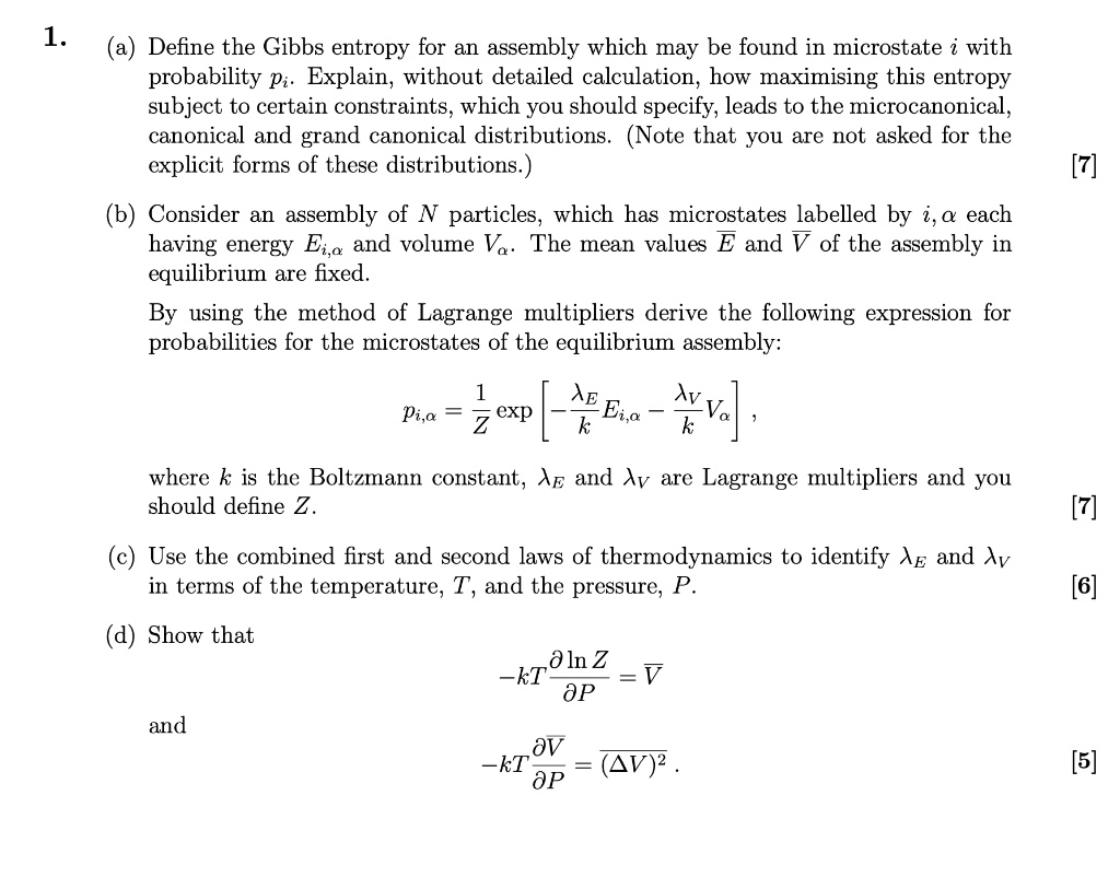 1. (a) Define the Gibbs entropy for an assembly which may be found in ...