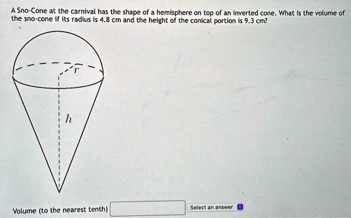 A Sno-Cone at the carnival has the shape of a hemisphere on top of an inverted cone. What is the volume of the sno-cone if its radius is 4.8 cm and the height of the conical portion is 9.3 cm?