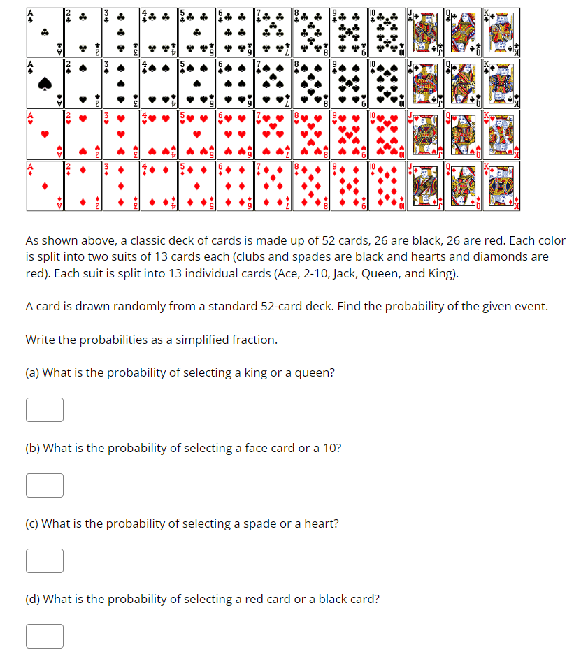 SOLVED As shown above, a classic deck of cards is made up of 52 cards