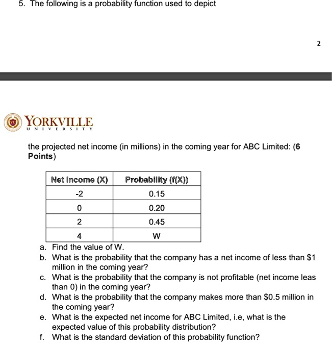 5. The following is a probability function used to depict the projected net income (in millions) in the coming year for ABC Limited: (6 Points)

Net Income (X) | Probability (f(X))
-2 | 0.15
0 | 0.20
2 | 0.45
4 | W

a. Find the value of W.
b. What is the probability that the company has a net income of less than 1 million in the coming year?
c. What is the probability that the company is not profitable (net income less than 0) in the coming year?
d. What is the probability that the company makes more than0.5 million in the coming year?
e. What is the expected net income for ABC Limited, i.e., what is the expected value of this probability distribution?
f. What is the standard deviation of this probability function?