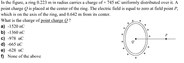SOLVED: In the figure,a ring 0.223 m in radius carries a charge of+ 745 ...