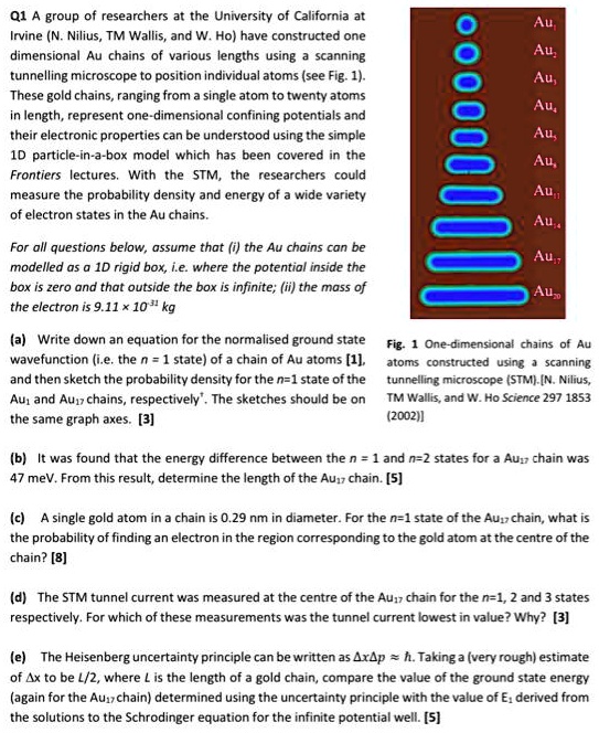 Q1 A group of researchers at the University of California at Irvine (N. Nilius, TM Wallis, and W. Ho) have constructed one dimensional Au chains of various lengths using a scanning tunnelling microscope to position individual atoms (see Fig. 1). These gold chains, ranging from a single atom to twenty atoms in length, represent one-dimensional confining potentials and their electronic properties can be understood using the simple 1D particle-in-a-box model which has been covered in the Frontiers lectures. With the STM, the researchers could measure the probability density and energy of a wide variety of electron states in the Au chains.

For all questions below, assume that (i) the Au chains can be modelled as a 1D rigid box, i.e. where the potential inside the box is zero and that outside the box is infinite; (ii) the mass of the electron is 9.11 !  10?³¹ kg

(a) Write down an equation for the normalised ground state wavefunction (i.e. the n = 1 state) of a chain of Au atoms [1], and then sketch the probability density for the n=1 state of the Au? and Au?? chains, respectively†. The sketches should be on the same graph axes. [3]

Fig. 1 One-dimensional chains of Au atoms constructed using a scanning tunnelling microscope (STM). [N. Nilius, TM Wallis, and W. Ho Science 297 1853 (2002)]

(b) It was found that the energy difference between the n = 1 and n=2 states for a Au?? chain was 47 meV. From this result, determine the length of the Au?? chain. [5]

(c) A single gold atom in a chain is 0.29 nm in diameter. For the n=1 state of the Au?? chain, what is the probability of finding an electron in the region corresponding to the gold atom at the centre of the chain? [8]

(d) The STM tunnel current was measured at the centre of the Au?? chain for the n=1, 2 and 3 states respectively. For which of these measurements was the tunnel current lowest in value? Why? [3]

(e) The Heisenberg uncertainty principle can be written as ?x?p ? ?. Taking a (very rough) estimate of ?x to be L/2, where L is the length of a gold chain, compare the value of the ground state energy (again for the Au?? chain) determined using the uncertainty principle with the value of E? derived from the solutions to the Schrodinger equation for the infinite potential well. [5]