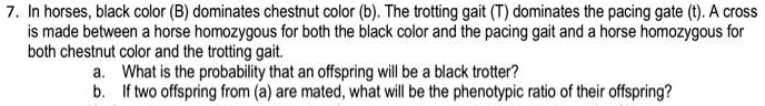 In horses, black color dominates chestnut color (b): The trotting gait ...