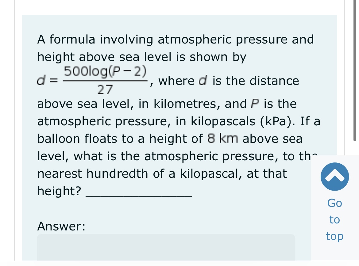 SOLVED A formula involving atmospheric pressure and height above sea