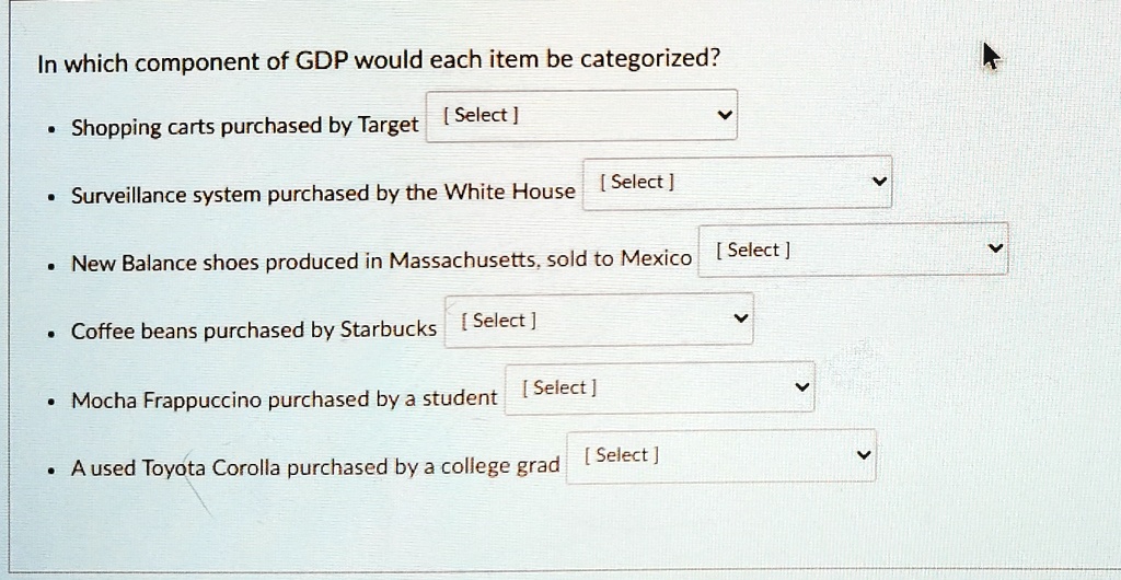 In which component of GDP would each item be categorized?
• Shopping carts purchased by Target [Select]
• Surveillance system purchased by the White House [Select]
• New Balance shoes produced in Massachusetts, sold to Mexico [Select]
• Coffee beans purchased by Starbucks [Select]
• Mocha Frappuccino purchased by a student [Select]
• A used Toyota Corolla purchased by a college grad [Select]