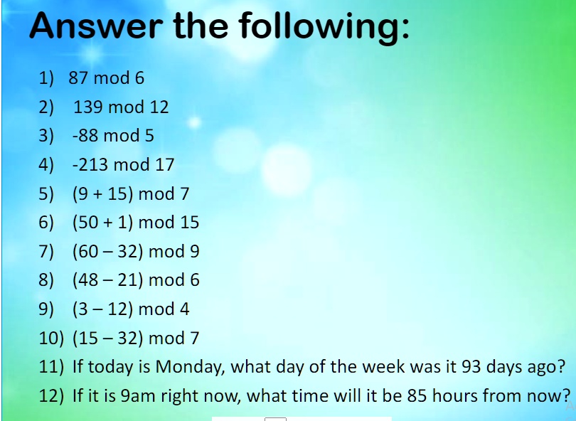 SOLVED Answer the practice problems about Modular Arithmetic