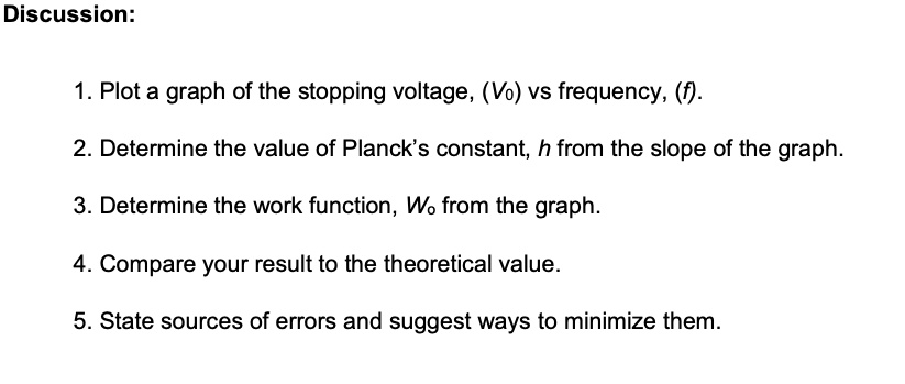SOLVED: Discussion: 1. Plot a graph of the stopping voltage, (Vo) vs ...
