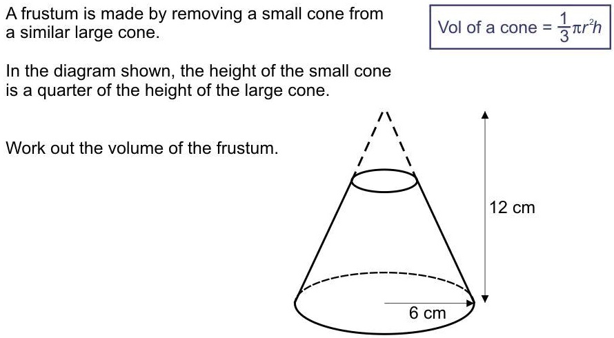 SOLVED: I need help immediately, please. A frustum is made by removing ...