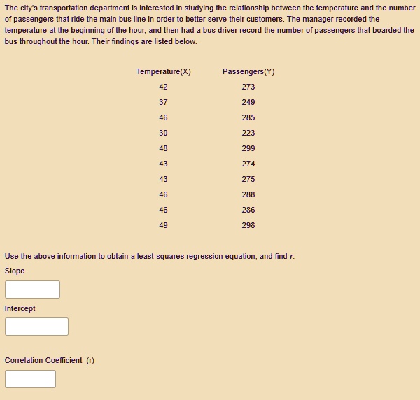 The city's transportation department is interested in studying the relationship between the temperature and the number of passengers that ride the main bus line in order to better serve their customers. The manager recorded the temperature at the beginning of the hour, and then had a bus driver record the number of passengers that boarded the bus throughout the hour. Their findings are listed below.

Temperature(X) Passengers(Y)
42 273
37 249
46 285
30 223
48 299
43 274
43 275
46 288
46 286
49 298

Use the above information to obtain a least-squares regression equation, and find r.
Slope
Intercept
Correlation Coefficient (r)