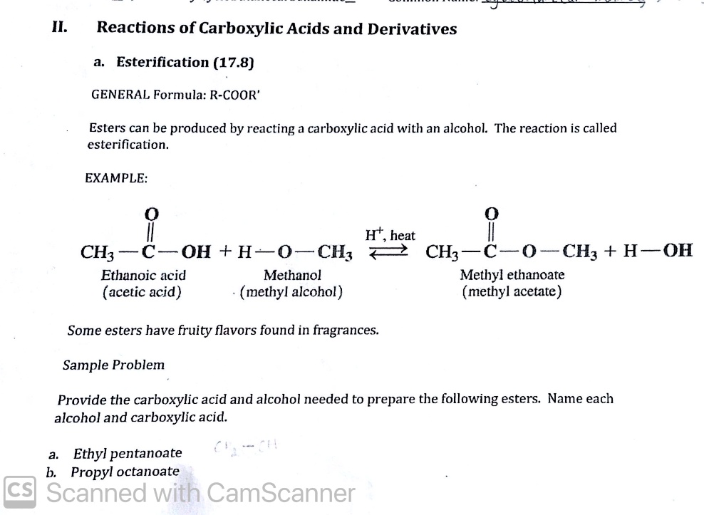 II. Reactions of Carboxylic Acids and Derivatives a. Esterification (17 ...