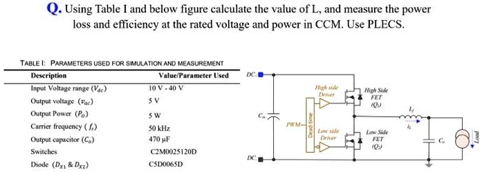 Q. Using Table I and below figure calculate the value of L, and measure the power
loss and efficiency at the rated voltage and power in CCM. Use PLECS.
TABLE I: PARAMETERS USED FOR SIMULATION AND MEASUREMENT
Description	Value/Parameter Used
Input Voltage range (Vac)	10 V - 40 V
Output voltage (Vac)	5 V
Output Power (Po)	5 W
Carrier frequency (fs)	50 kHz
Output capacitor (Co)	470 ?F
Switches	C2M0025120D
Diode (Dx1     Dx2)	C5D0065D
