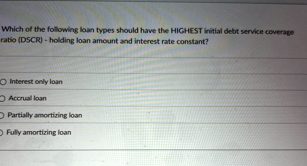 Which of the following loan types should have the HIGHEST initial debt service coverage ratio (DSCR) - holding loan amount and interest rate constant?
Interest only loan
Accrual loan
Partially amortizing loan
Fully amortizing loan