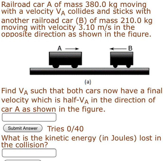 SOLVED Railroad car A of mass 380.0 kg moving with a velocity VA