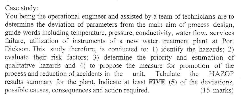 SOLVED: Case study: You, being the operational engineer and assisted by ...