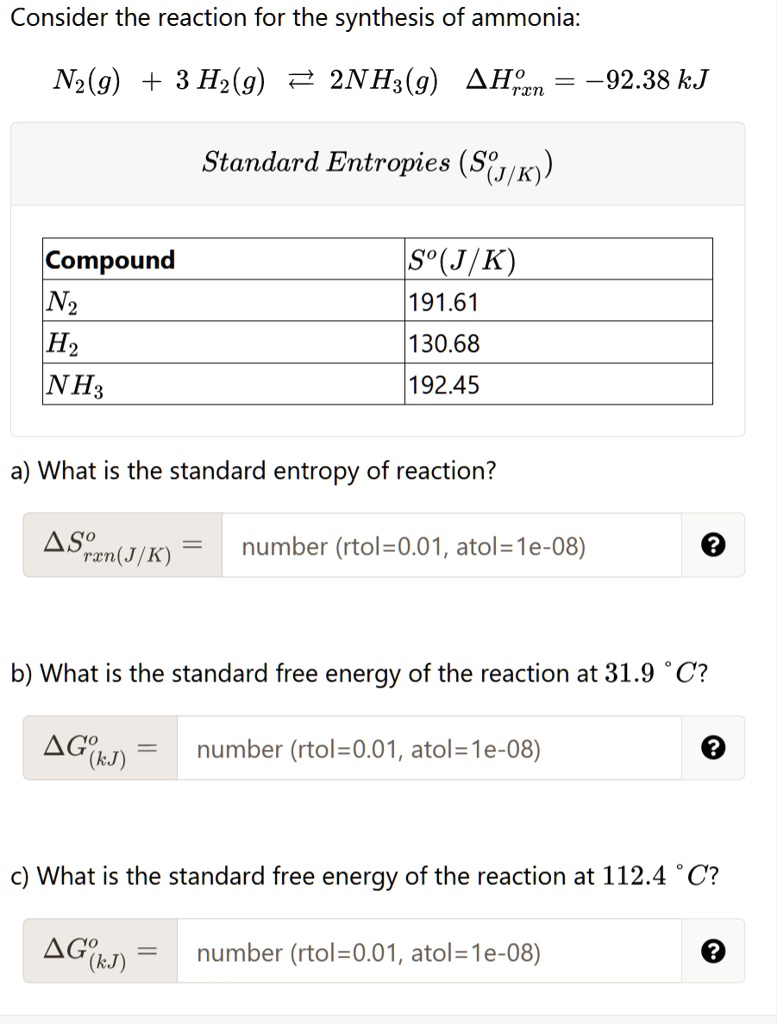 SOLVED: Consider The Reaction For The Synthesis Of Ammonia: N2(g) + 3 ...