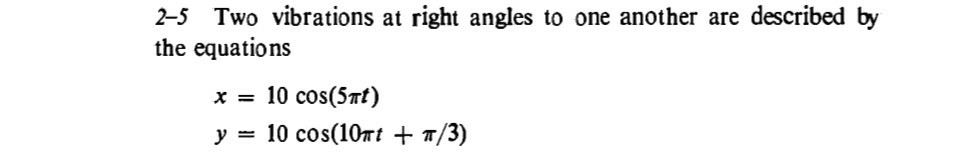 2-5 Two vibrations at right angles to one another are described by the equations

    x=10 cos (5 π t) 
        
        y=10 cos (10 π t+π / 3)
