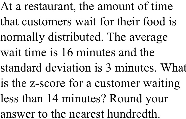 At a restaurant, the amount of time that customers wait for their food is normally distributed. The average wait time is 16 minutes and the standard deviation is 3 minutes. What is the z-score for a customer waiting less than 14 minutes? Round your answer to the nearest hundredth.
