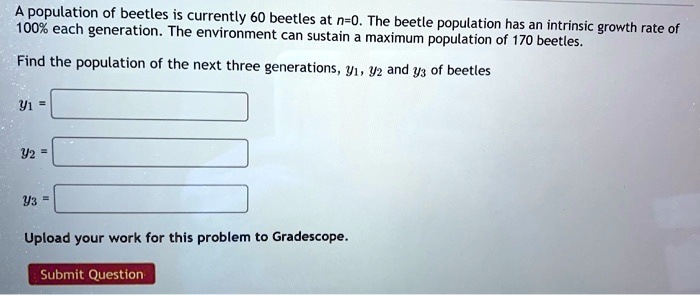 A population of beetles is currently 60 beetles at n=0. The beetle