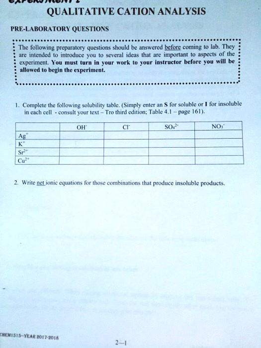 SOLVED: QUALITATIVE CATION ANALYSIS PRE-LARORATORY QUESTIONS The ...