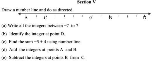 Section V
Draw a number line and do as directed.
A
(a) Write all the integers between -7 to 7
(b) Identify the integer at point D.
(c) Find the sum -5 + 4 using number line.
(d) Add the integers at points A and B.
(e) Subtract the integers at points B from C.
B
D