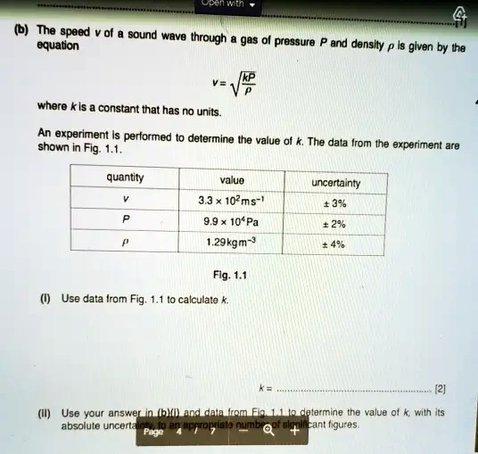 The speed equation for a sound wave through a gas of pressure and ...