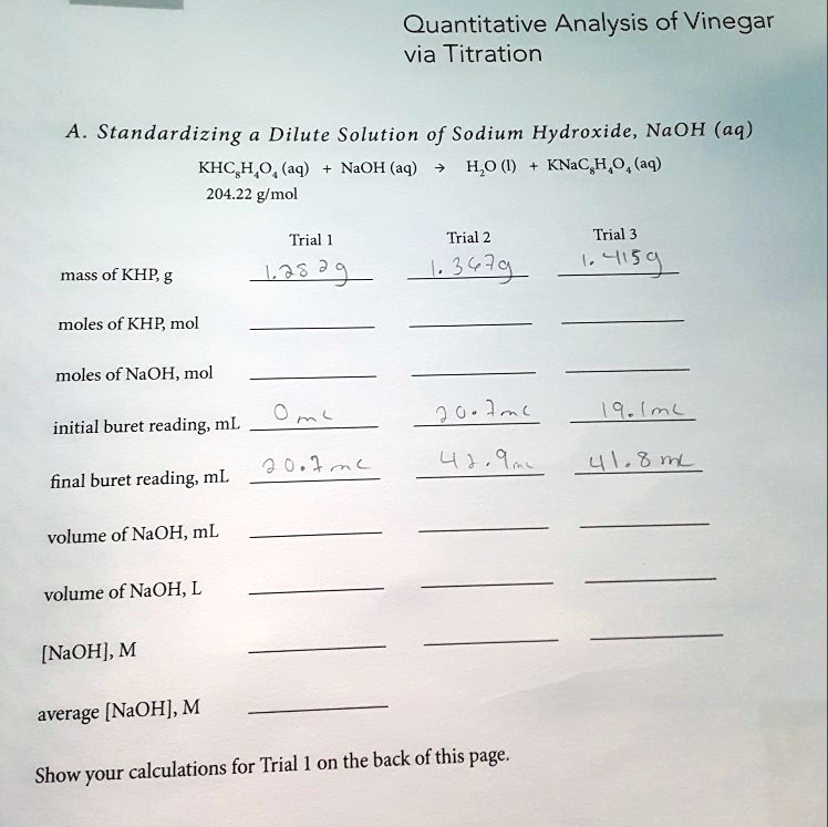 SOLVEDQuantitative Analysis of Vinegar via Titration Standardizing Dilute Solution of Sodium