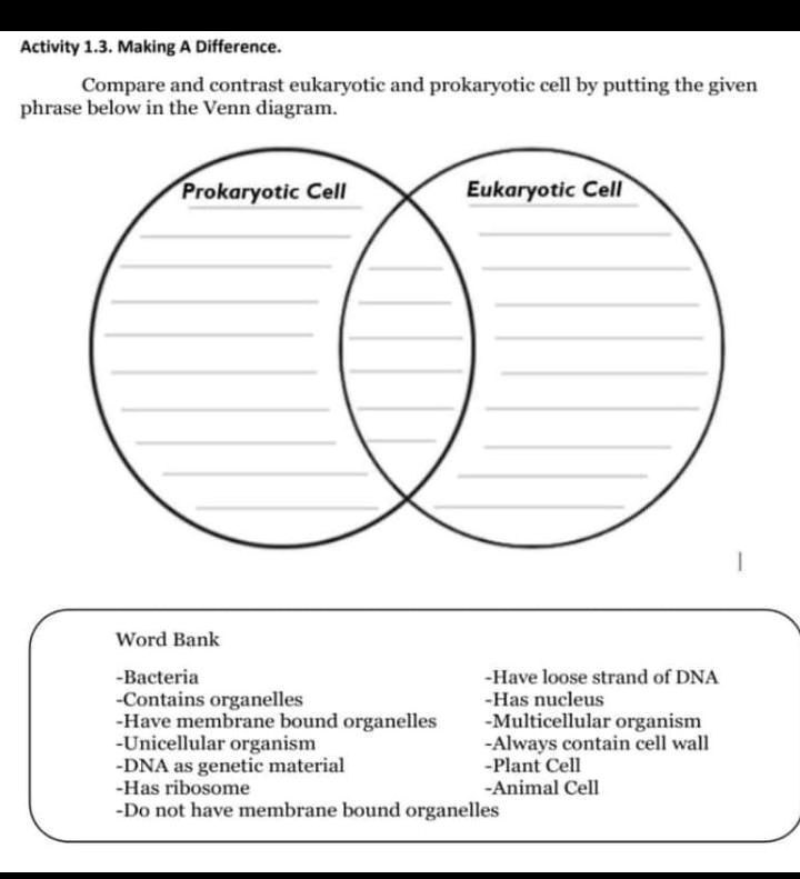 SOLVED: 'please help me i need this one now please help me Activity .  Making A Difference: Compare and contrast eukaryotic and prokaryotic cell  by putting the given phrase below in the