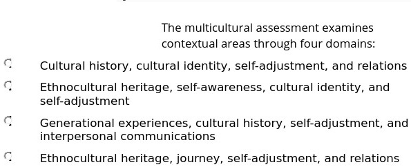 SOLVED: The multicultural assessment examines contextual areas through ...