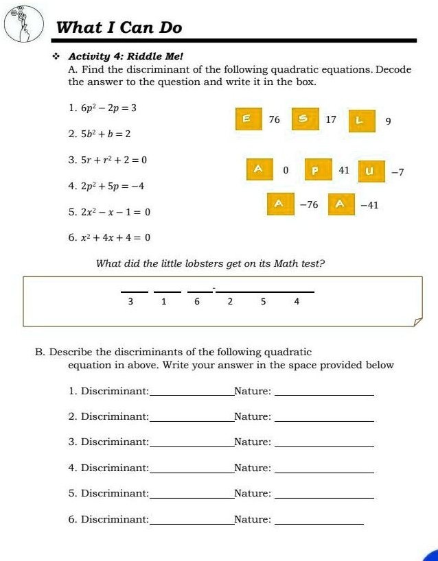 activity 4 riddle mea find the discriminant of the following quadratic