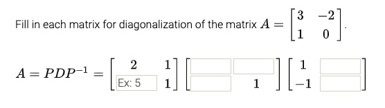 SOLVED: Fill in each matrix for diagonalization of the matrix A = A ...