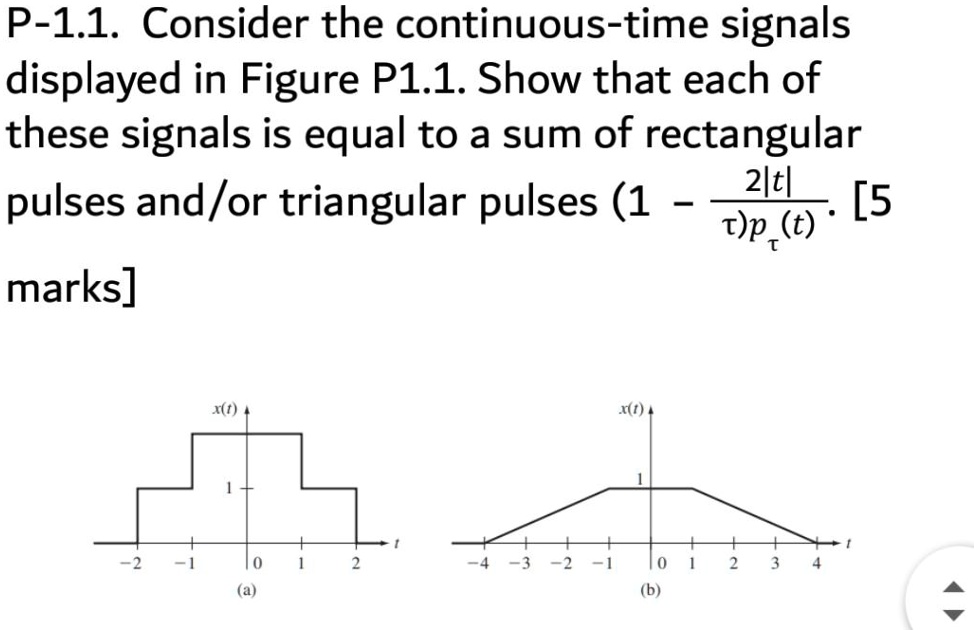 P-1.1. Consider the continuous-time signals displayed in Figure P1.1. Show that each of these signals is equal to a sum of rectangular pulses and/or triangular pulses (1 - frac2|t|	au)p	au(t). [5 marks]