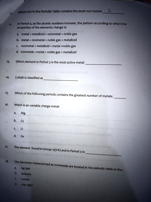 SOLVED Which row in the Periodic Table contains the most non metals In